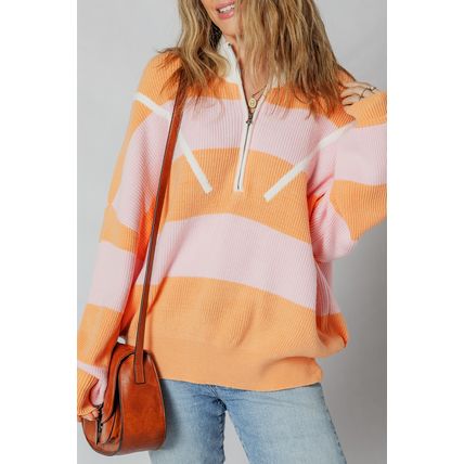 Orange Stripe Colorblock Half Zip Oversize Sweater