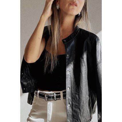 Black Faux Leather Buttoned Front Boxy Jacket