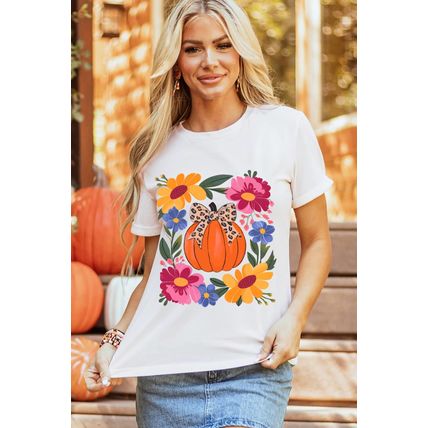White Pumpkin Floral Graphic Thanksgiving Holiday T Shirt