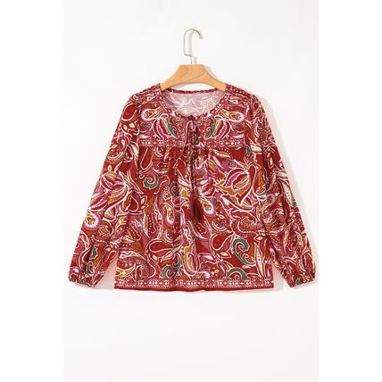 Multicolour Ethnic Paisley Print Tassel Tie Puff Sleeve Boho Blouse