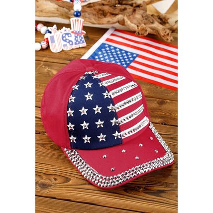 Fiery Red American Flag Rhinestone Decor Baseball Cap