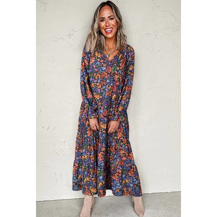 Blue Floral Print Tassel Tie V Neck Long Sleeve Flowy Long Dress