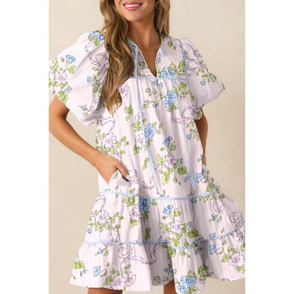 Pink Floral Striped Print Contrast Trim Tie Split Neck Mini Dress