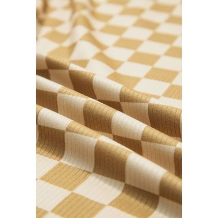 Khaki Check Pattern Turtleneck Ribbed Slim Long Sleeve Tee