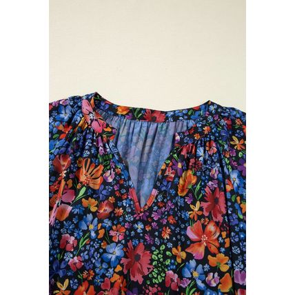 Blue Floral Print Tassel Tie V Neck Long Sleeve Flowy Long Dress