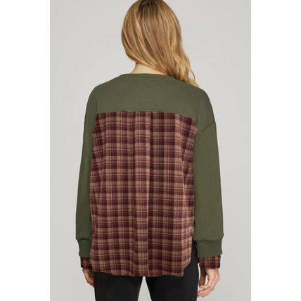 Moss Green Vintage Plaid Patchwork Drop Shoulder Sweatshirt