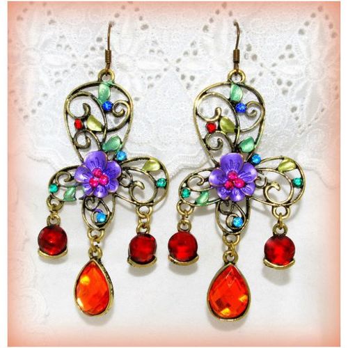 Tibetan Hill Tribe Floral Crystal Bronze Hook Earrings Jewellery 1464