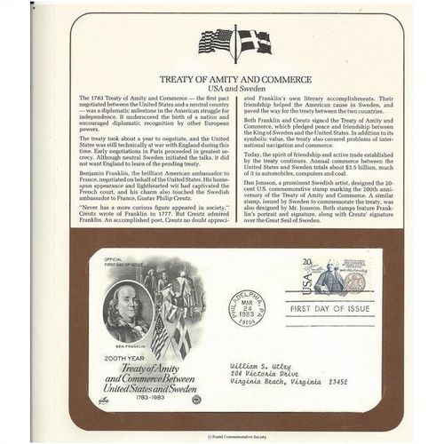 TREATY OF AMITY/COMMERCE / USA & SWEDEN 'OFFICIAL FIRST DAY of ISSUE ' (1983 )