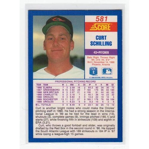 1990 Score Curt Schilling baseball card #581 – Orioles