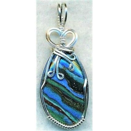 Rainbow CalSilica Sterling Silver Wire Wrap Gemstone Pendant 44