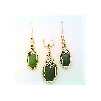 Green Jade Gold Wire Wrap Gemstone Pendant Drop Earring Set 22