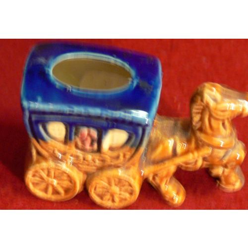 Small Blue Brown Pottery Horse & Carriage Toothpick Holder Switzerland Souvenir