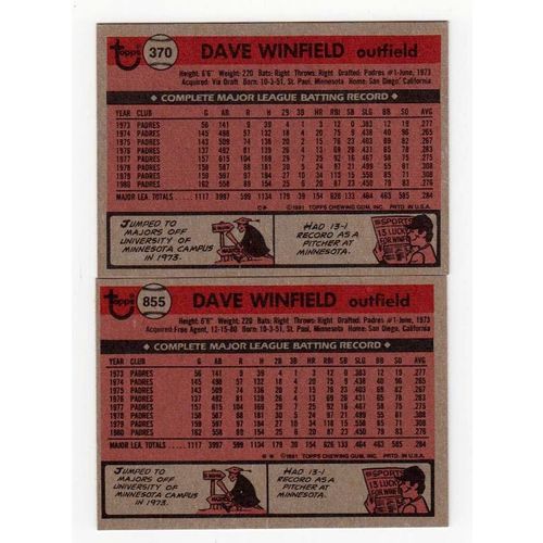 Lot of Two 1981 Topps Dave Winfield baseball cards #370, #855
