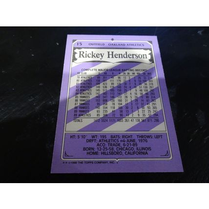 1990 Topps Kay-Bee Card # 15 Rickey Henderson Excellent (5) Oakland Athletics