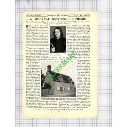 John Bunyan Author Elstow Bedfordshire - c.1930s Cutting / Print