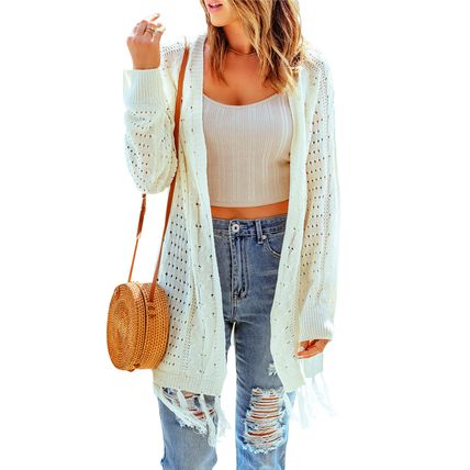 Beige Tasseled Hollow-out Cable Knit Cardigan