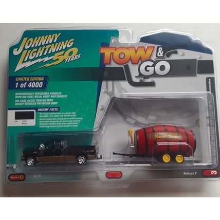 Johnny Lightning Tow & Go 2003 Ford F-250 & Root Beer Barrel Trailer Black