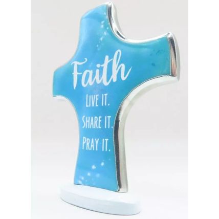 Faith Live It Share It Pray It Cross Metal Freestanding Blue & White 8 CM Christ