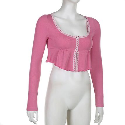 Korean Fashion Frill Pink Crop Top Women T-shirts Slim Y2k Cute Lace Trim Coquet