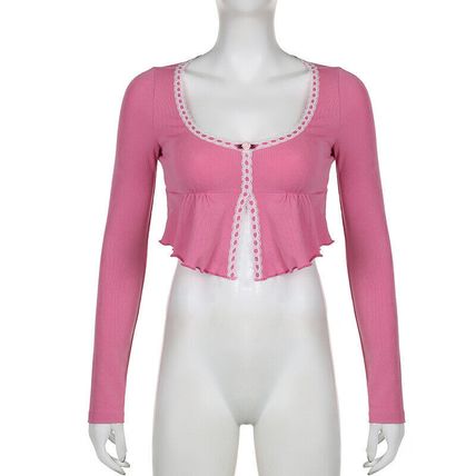 Korean Fashion Frill Pink Crop Top Women T-shirts Slim Y2k Cute Lace Trim Coquet