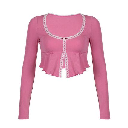 Korean Fashion Frill Pink Crop Top Women T-shirts Slim Y2k Cute Lace Trim Coquet