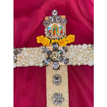 Wood Wall Artisanal Cross w/ Vintage Jewelry Catholic Virgen Mary