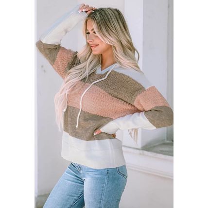 Pink Color Block Knitted Drawstring Hooded Sweater