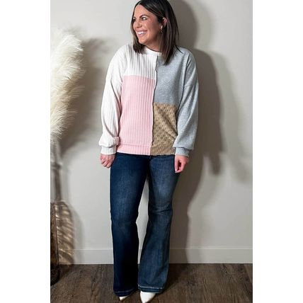 Multicolor Cable Knit Colorblock Long Sleeve Plus Size Top