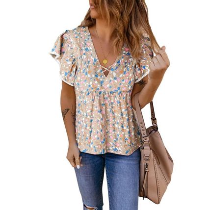 Khaki Crisscross V Neck Ruffle Sleeve Printed Flowy Blouse