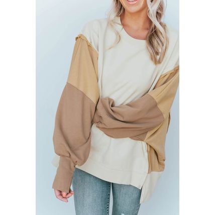 Khaki Color Block Sleeve Patchwork Oversized Sweatshirt