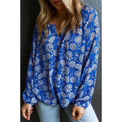 Blue Floral Notched V-Neck Long Sleeve Blouse