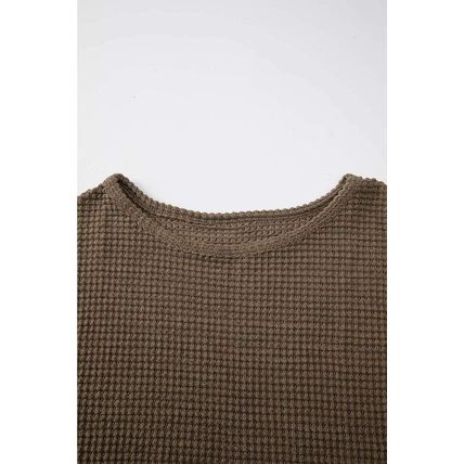 Dark Brown Waffle Knit Drop Shoulder Long Sleeve Top