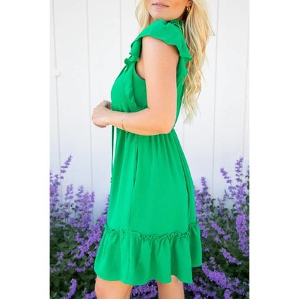 Bright Green Split V Neck Elastic Waist Ruffled Dress