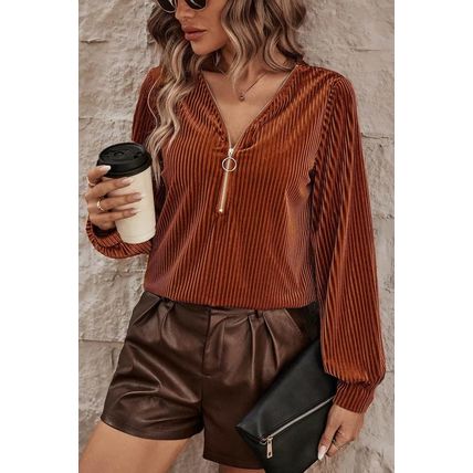 Chestnut Half Zip V Neck Ribbed Velvet Top