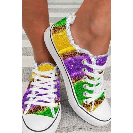 Multicolor Leopard Color Block Lace-up Canvas Shoes