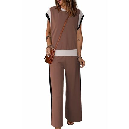 Chestnut Color Block Detail Casual Two-piece Outfit