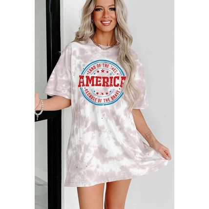 White Oversized Tie-dye AMERICA Graphic T-shirt with Distressing