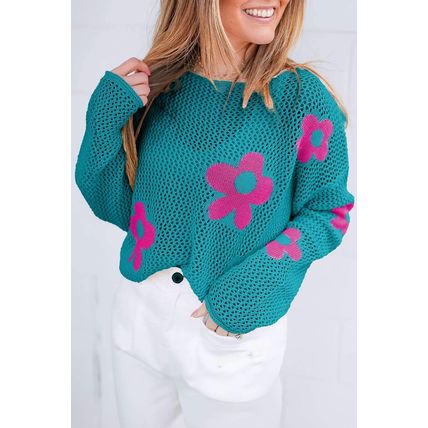 Sea Green Big Flower Hollowed Knit Drop Shoulder Sweater