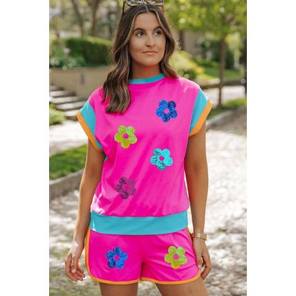 Rose Red Sequined Flower Graphic Colorblock 2 Piece Shorts Set