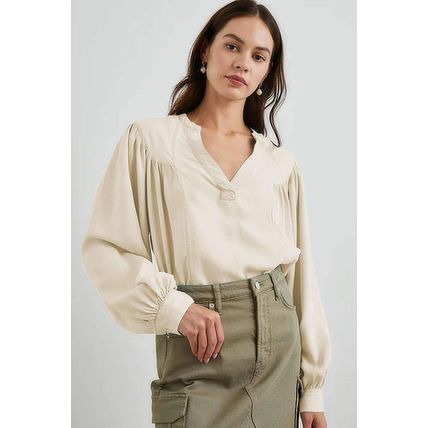 White Solid Color Lantern Sleeve Notched V Neck Blouse