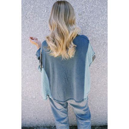 Dusk Blue Colorblock Stitching Patchwork Buttoned Long Sleeve Top