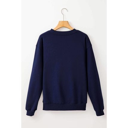 Navy Blue Solid Fleece Lined Drop Shoulder Terry Sweatshirt