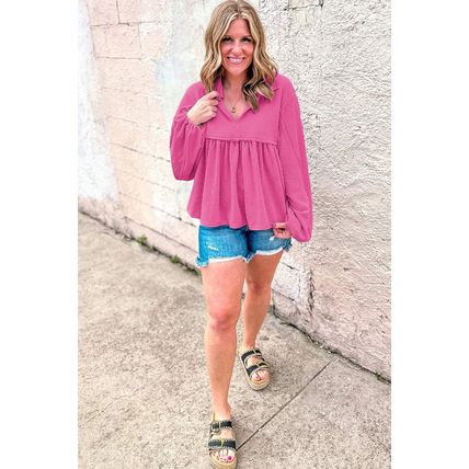 Bright Pink Corded Turn-down V Neck Bubble Sleeve Babydoll Blouse