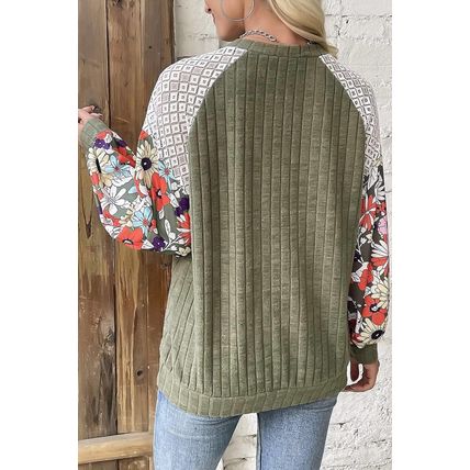 Vineyard Green Plus Size Textured Floral Patchwork Raglan Sleeve Blouse