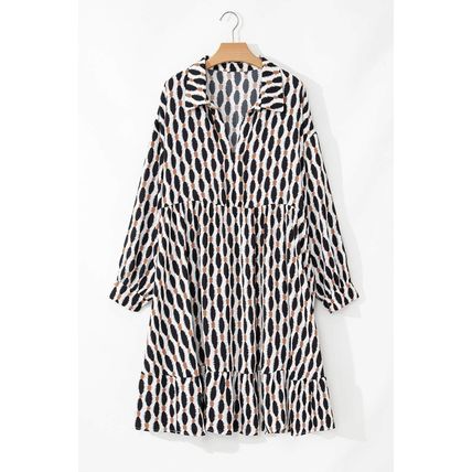 Apricot Geometric Print Collared V Neck Plus Size Mini Dress