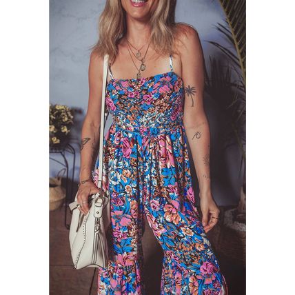 Pink Floral Smocked Bust Spaghetti Straps Wide Leg Jumpsuit