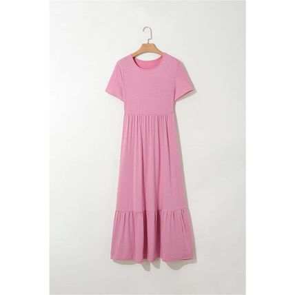 Pink Solid Color T-shirt High Waist Pocketed Long Dress