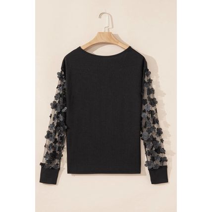 Black Flower Applique Mesh Long Sleeve V Neck Blouse