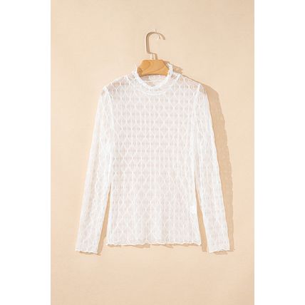 Beige Sheer Mesh Patterned Lettuce Trim Slim Long Sleeve Top