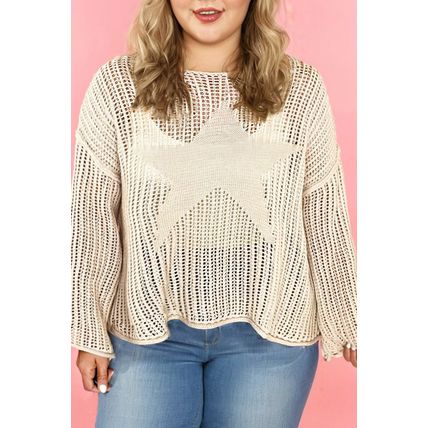 Parchment Hollow Out Knit Star Pattern Accent Plus Size Jumper